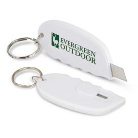 The Trends Mini Cutter Key Ring has a retractable blade with safety mechanism.  Available in White.  Can be branded. Great promo product.