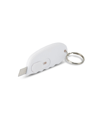 The Trends Collection Mini Cutter Key Ring is a key ring with retractable cutting blade. Available in White. Safety Lock mechanism. Great promotional product.