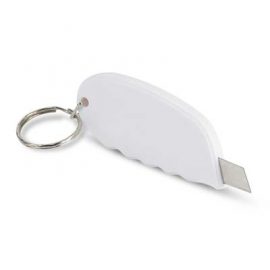 The Trends Mini Cutter Key Ring has a retractable blade with safety mechanism.  Available in White.  Can be branded. Great promo product.