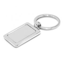 The Trends Rectangular Metal Key Ring is a metal key ring with shiny plated chrome finish.  Branding available on both sides.  Black gift box.