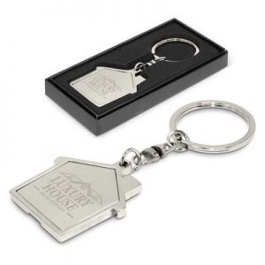 The Trends House Metal Key Ring is a shiny chrome metal key ring. Shaped like a house. Perfect for real estate and rental companies.