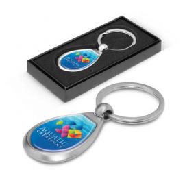 The Trends Drop Metal Key Ring can be branded on both sides.  Price includes branding both sides.  Available in Chrome only.