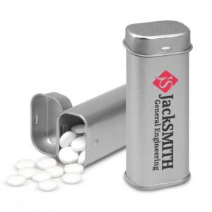 The Trends High Mint Tin is a stylish flip top tin filled with 30grams of peppermints.  Available in Matt Silver.  Great branded confectionery