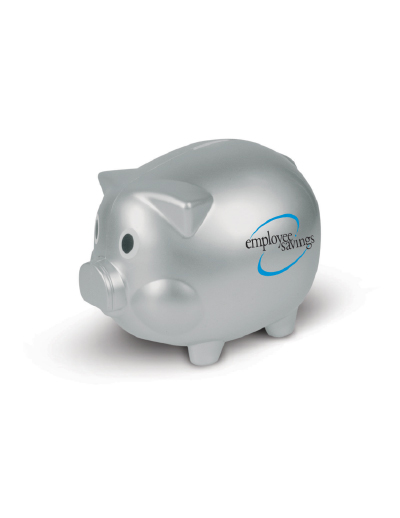 The Trends Collection Piggy Bank is a traditional piggy bank with removable plug.  Available in Silver.  Can be branded. Great fundraiser or bank promotional product.