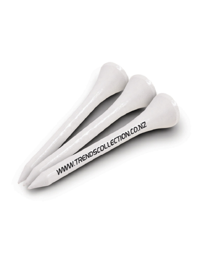 The Trends Golf tee are wooden golf tees. Perfect for corporate gifts and golf clubs. Available in White and can be branded via pad print.