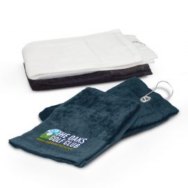 The Trends Collection Golf Towel is a pre-folded cotton golf towel.  Has an eyelet and clip to attach to golf bags and carts.  Available in 3 colours.  Great golf promotional product.