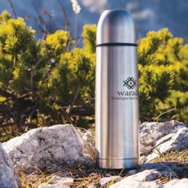 The Trends 750ml vacuum flask is a good stainless steel vacuum flask with a screw on cup and convenient push button.  Laser engraves.  Silver with Black trim.