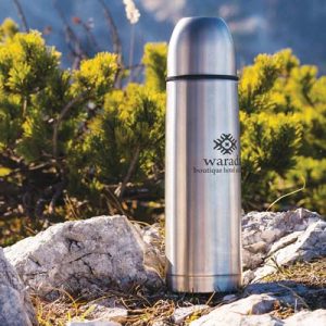 100814 TRENDS 750ML Vacuum Flask The Trends 750ml vacuum flask is a good stainless steel vacuum flask with a screw on cup and convenient push button. Laser engraves. Silver with Black trim.