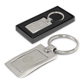 The Trends Wave Key Ring is a wave shaped metal key ring with plated shiny chrome finish.  Black gift box. Engraved or resin coated.