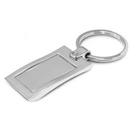The Trends Wave Key Ring is a wave shaped metal key ring with plated shiny chrome finish.  Black gift box. Engraved or resin coated.
