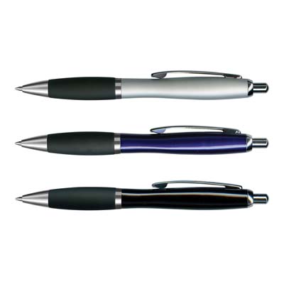 The Trends Atlantis Pen is a retractable brass barrel ball pen with soft rubber lacquered grip.  Engraves to a brass colour.  Great promotional product.  Click here for other pen options