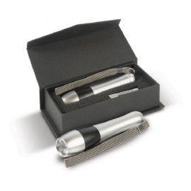 The Trends Collection Verve Pocket Torch is a pocket size flashlight.  3 LEDs.  AA battery powered.  Great branded practical promotional product.