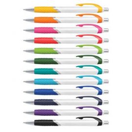 The Trends Jet Pen White Barrels is a retractable plastic & metal ball pen with soft touch rubber grip.  12 colours.  Black Ink.  Great promo pen.