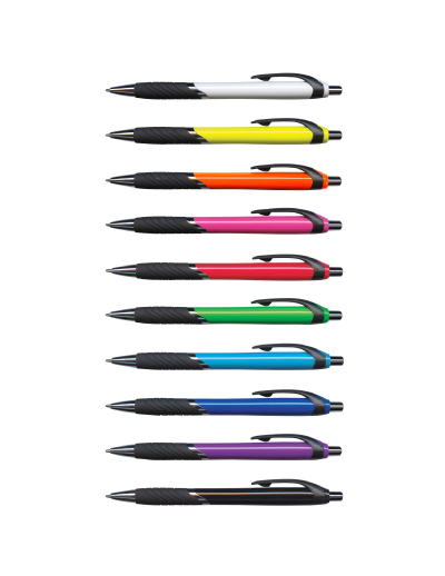 The Trends Collection Jet Pen Coloured Barrels is a retractable plastic & metal ball pen with a soft rubber grip.  Available in 11 colours.  Black Ink.