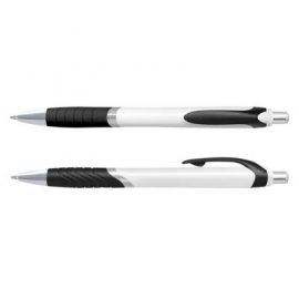 The Trends Jet Pen White Barrels is a retractable plastic & metal ball pen with soft touch rubber grip.  12 colours.  Black Ink.  Great promo pen.