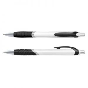 The Trends Jet Pen White Barrels is a retractable plastic & metal ball pen with soft touch rubber grip. 12 colours. Black Ink. Great promo pen.
