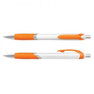 The Trends Jet Pen White Barrels is a retractable plastic & metal ball pen with soft touch rubber grip. 12 colours. Black Ink. Great promo pen.