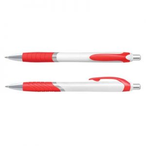 The Trends Jet Pen White Barrels is a retractable plastic & metal ball pen with soft touch rubber grip. 12 colours. Black Ink. Great promo pen.