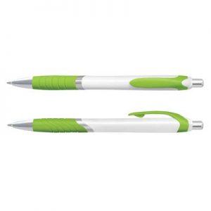 The Trends Jet Pen White Barrels is a retractable plastic & metal ball pen with soft touch rubber grip. 12 colours. Black Ink. Great promo pen.