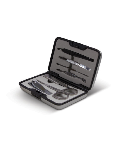 The Trends Executive Manicure Set is a stylish 7 piece manicure set in a smart aluminium case. Branding via pad print or laser engraving.