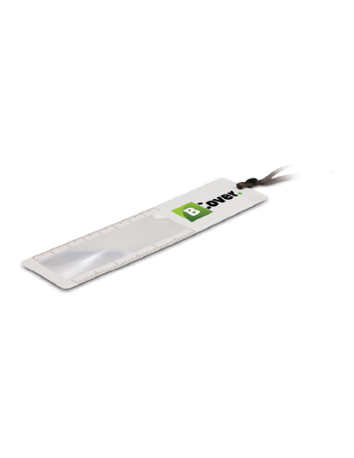 104663 Trends Book Mark Magnifier The Trends Book Mark Magnifier is a book mark with a magnifier and ruled edges. Available in White with a Black Ribbon. Great promo product.