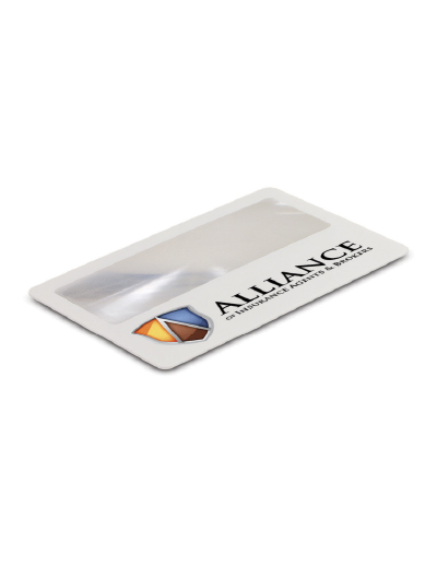 104666 Trends Collection Card Magnifier The Trends Collection Card Magnifier is a handy credit card sized magnifier. Available in White & can be branded by pad print or direct digital printing.