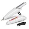 The Trends Car Pen holder is a pen holder that clips securely to the air vents.  Supplied with clip detached.  White.  Great branded promo product.