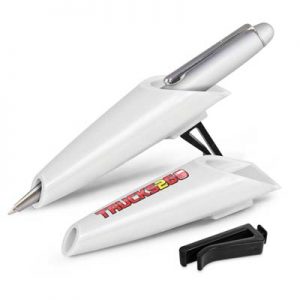 The Trends Car Pen holder is a pen holder that clips securely to the air vents.  Supplied with clip detached.  White.  Great branded promo product.
