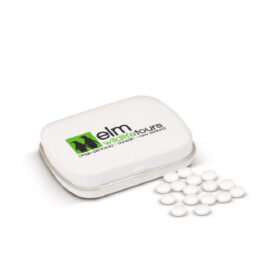 The Trends Collection Rectangular Mint Tin is a contoured rectangular tin with a hinged lid.  14gms of peppermints.  In White.  Great branded promo product.