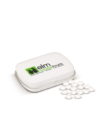 The Trends Collection Rectangular Mint Tin is a contoured rectangular tin with a hinged lid.  14gms of peppermints.  In White.  Great branded promo product.