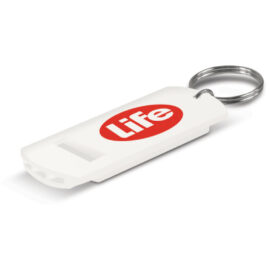 The Trends Collection Safety Whistle has a key ring to attach to keys or bags.  In White.  Great branded promotional safety product for range of events and uses.
