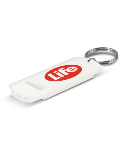 The Trends Collection Safety Whistle has a key ring to attach to keys or bags.  In White.  Great branded promotional safety product for range of events and uses.