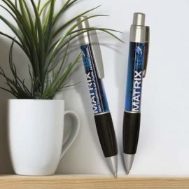 The Trends Matrix 360 Pen is a retractable plastic ball pen designed for full colour wrap around printing.  Min. 5000 units.  Great branded promotional pen.
