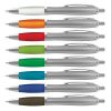 The Trends Vistro Pen Silver Barrel is a retractable plastic and metal ball pen with a metallic finish barrel.  8 colours.  Great branded promotional pen product.