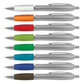 The Trends Vistro Pen Silver Barrel is a retractable plastic and metal ball pen with a metallic finish barrel.  8 colours.  Great branded promotional pen product.