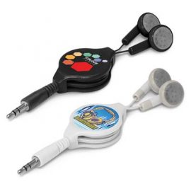 The Trends Retractable Earbuds are spring loaded retractable ear buds.  Available in 2 colours.  Great branded promotional products.