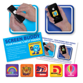 The Trends Screen Buddy is a compact mini screen cleaner. Sticks securely on back of phone. Full colour printing. Great promotional product.