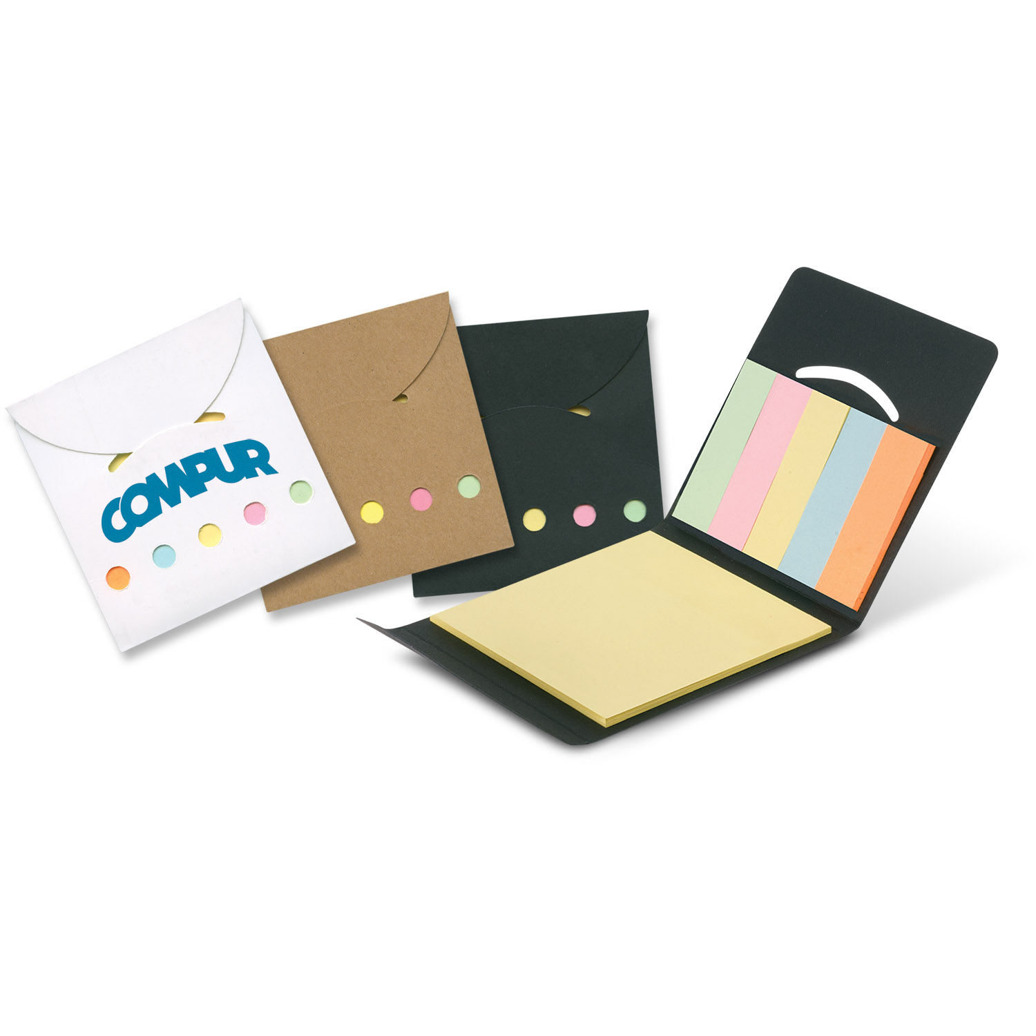 The Trends Collection Cameo Pocket Pad is a flip top pocket pack with 110 flags and sticky note pad.  3 colours.  Great branded promo stationery products.