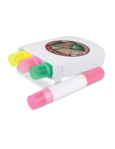 107080 Trends Collection Wax Highlighter Set The Trends Collection Wax Highlighter Set is a compact set of 3 mini wax highlighters. Great branded promotional stationery product. Branding on case and pens.