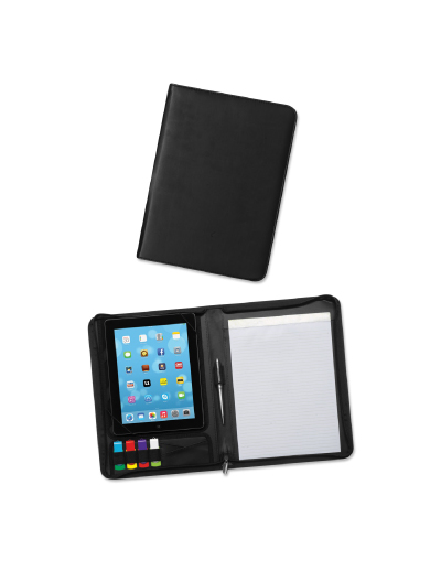 The Trends Collection Whitehall Tablet Portfolio is a table case or portfolio with secure zip closure. A4 lined pad and multiple loops for storage. Great branded promo product.