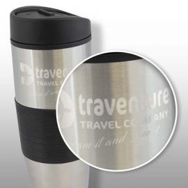 The Trends Ventura Thermal Mug is a large 450ml stainless steel double wall thermal mug. Great branded promotional drinkware product.