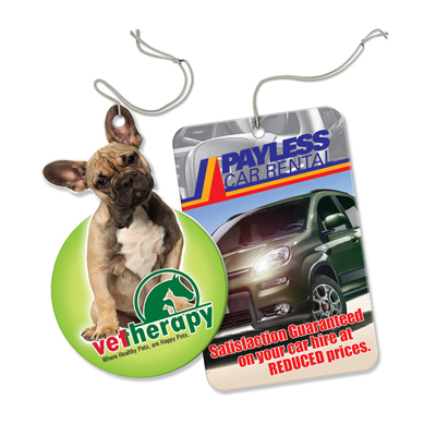 The Trends Collection Car Air Freshener is a cardboard freshener that will work up to 3 months.  Select your fragrance.  Price includes full colour printing both sides.