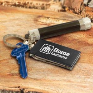 The Trends Multi Function Key Ring has a knife, scissors, bottle opener, nail file & ruler. Great branded practical business promo product.
