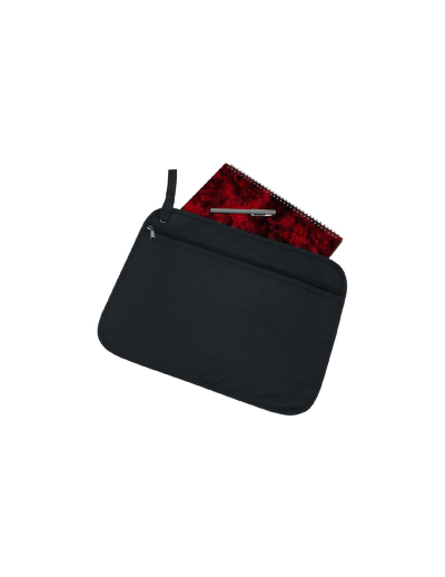 The Legend Life Economy Satchel has a wrist strap and business card holder with a full width zip pocket on front.  Black.  Great branded satchels & promo bags.