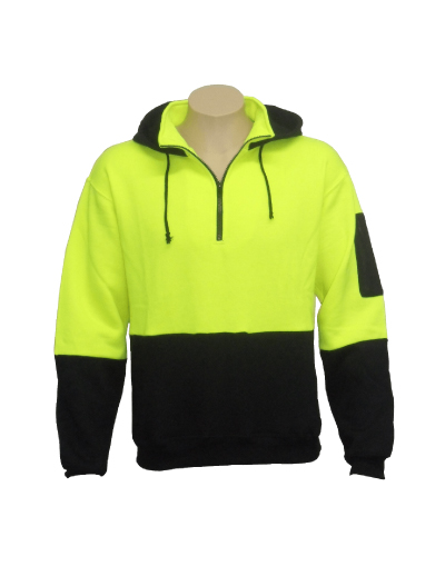 HVP Aurora Hi-Viz Pullover Hoodie The Aurora Hi-Viz Pullover Hoodie is a half zip, 320gsm fleece, hi-viz hoodie with phone pocket. NZ standards. Available in Black/Yellow. Sizes S - 5XL.
