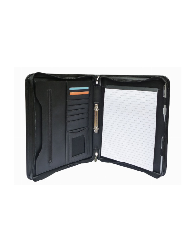 The Legend Life Windsor 2 Ring Zip Portfolio has a removable 2 ring binder, card holder & pen loop.  Black.  Great branded portfolios & business compendiums.