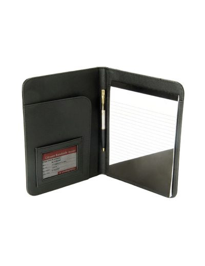 The Legend Life Leather A5 Folder is a compendium made from natural leather.  Black.  With writing pad, card holder & pen loop.  Great branded folders & business portfolios.