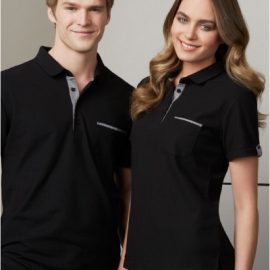The Biz Collection Ladies Edge Polo is a 65% polyester, 35% cotton pique knit polo shirt.  Black/Check.  Sizes 6 - 24.  Great branded polo shirts & uniform clothing.
