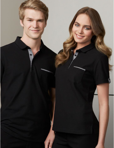 The Biz Collection Ladies Edge Polo is a 65% polyester, 35% cotton pique knit polo shirt.  Black/Check.  Sizes 6 - 24.  Great branded polo shirts & uniform clothing.