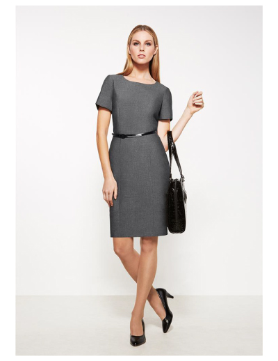 The Biz Corporates Womens Short Sleeve Dress- Textured is 63% Polyester 33% Viscose and 4% Elastane dress. Available in Grey. Sizes 4-22.